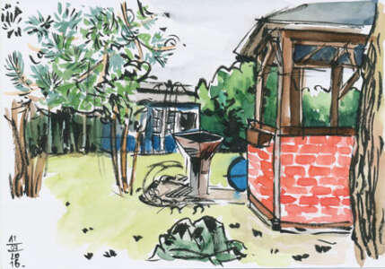 view of the garden with grill and pavillion