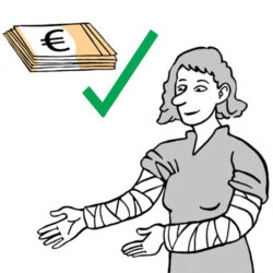 Ein Bündel Euro-Scheine, rechts davon ein grüner Haken. Daneben eine Frau mit kinnlangem Haar. Sie lächelt. Beide Arme sind in Gips.