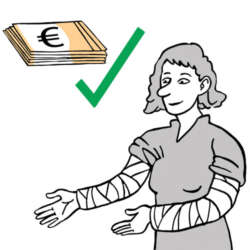 Ein Bündel Euro-Scheine, rechts davon ein grüner Haken. Daneben eine Frau mit kinnlangem Haar. Sie lächelt. Beide Arme sind in Gips.